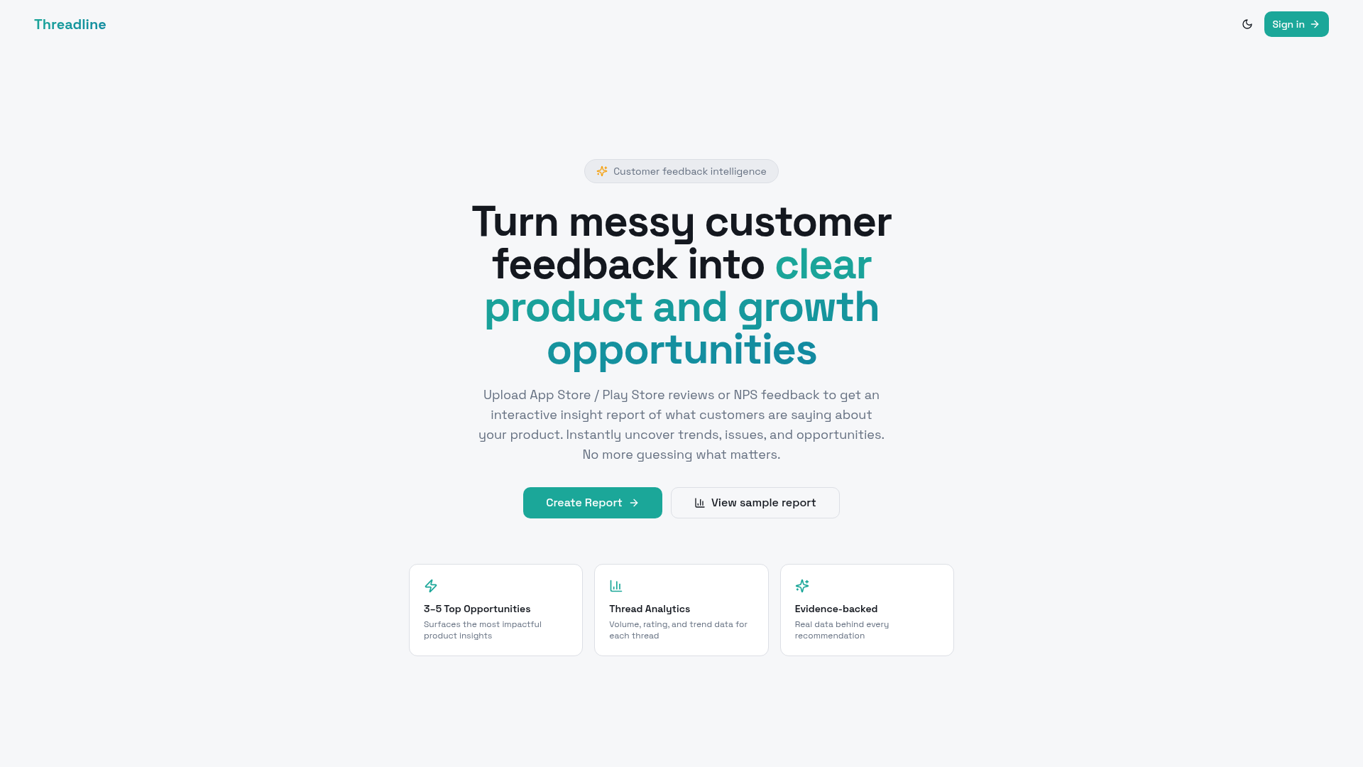Threadline screenshot — Upload App Store, Play Store, or NPS feedback to generate an instant insight report.